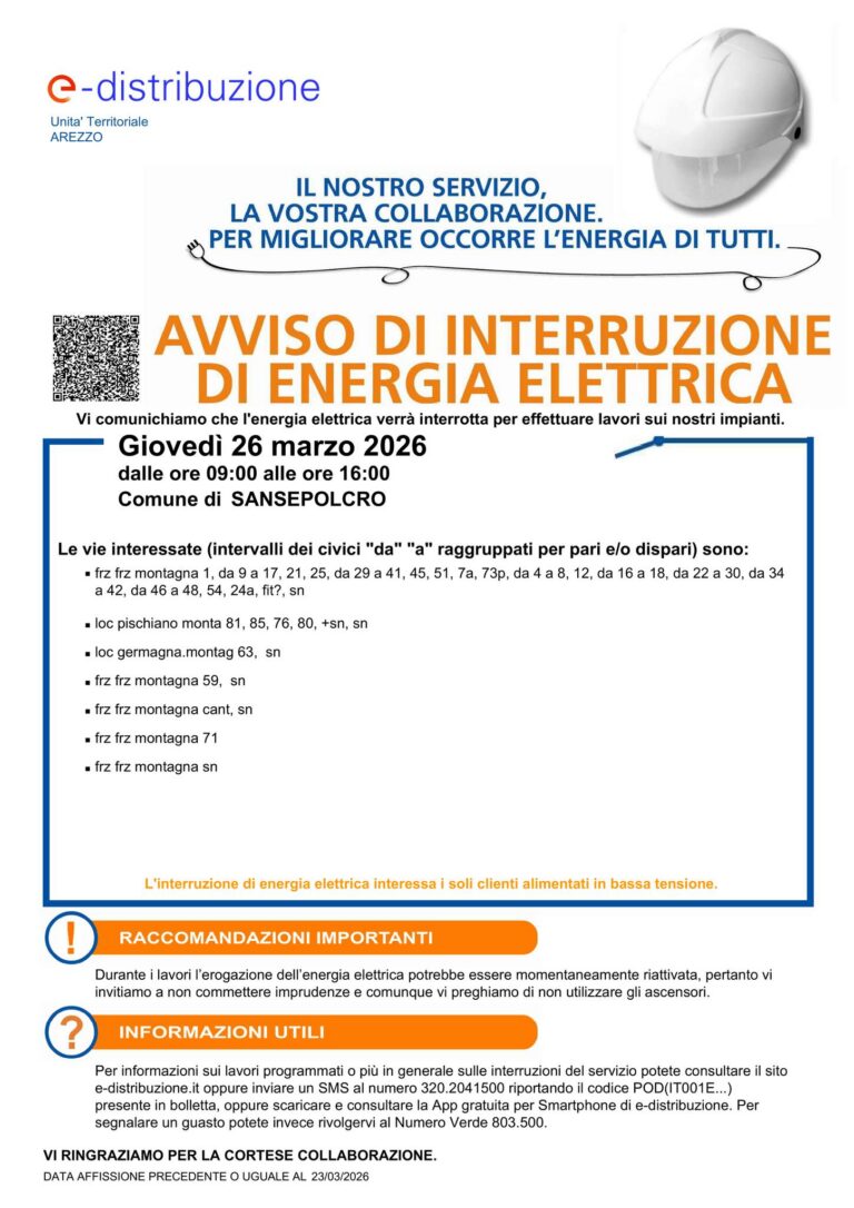 Sansepolcro, interruzione energia elettrica il 26 marzo: orari e avviso ai cittadini
