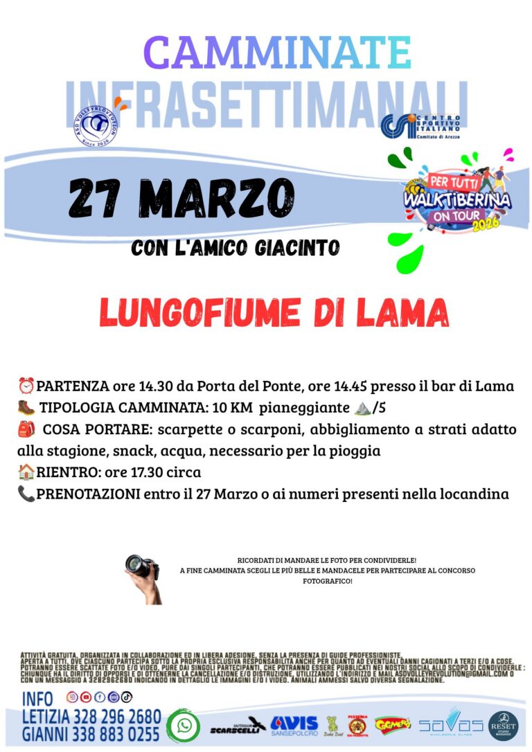 WalkTiberina On Tour 2026, camminata infrasettimanale: il 27 marzo sul lungofiume di Lama