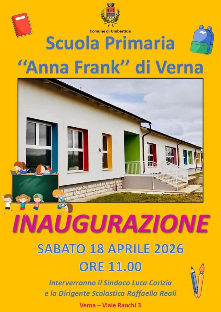 Verna inaugura la nuova scuola primaria “Anna Frank”: appuntamento il 18 aprile