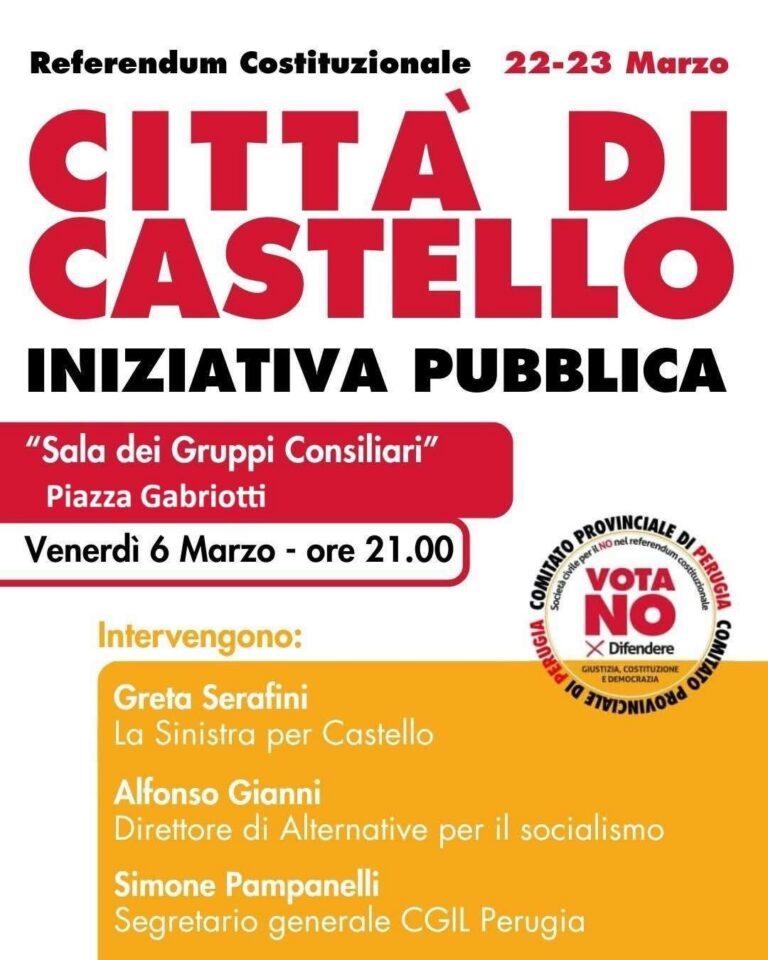 Referendum costituzionale: a Città di Castello venerdì 6 marzo un’iniziativa pubblica per le ragioni del No