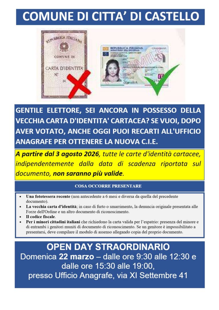 Open day per la nuova Carta di Identità Elettronica Domenica 22 marzo, l’Ufficio Anagrafe di Città di Castello sarà aperto per il rilascio della CIE
