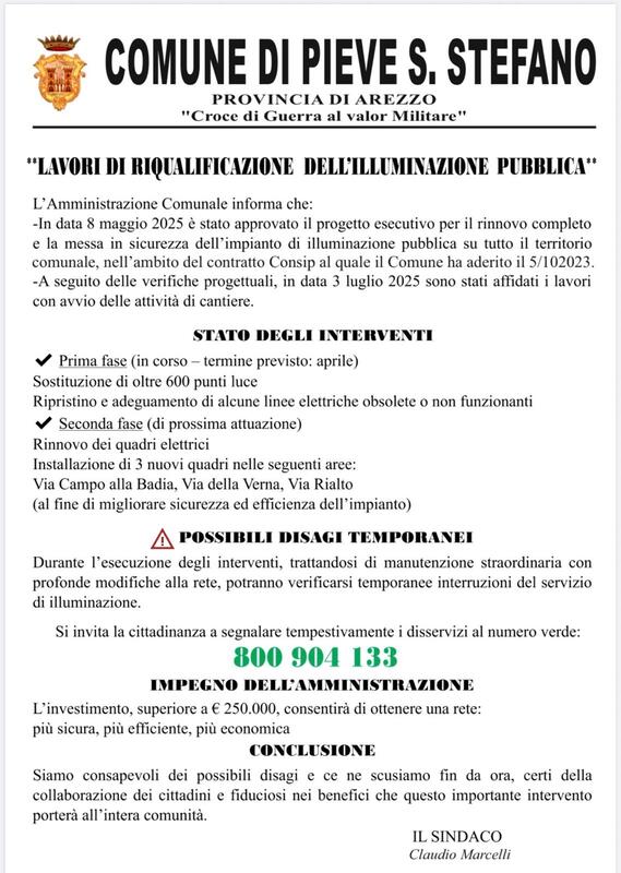 Pieve Santo Stefano, lavori sulla pubblica illuminazione: investimento da oltre 250mila euro