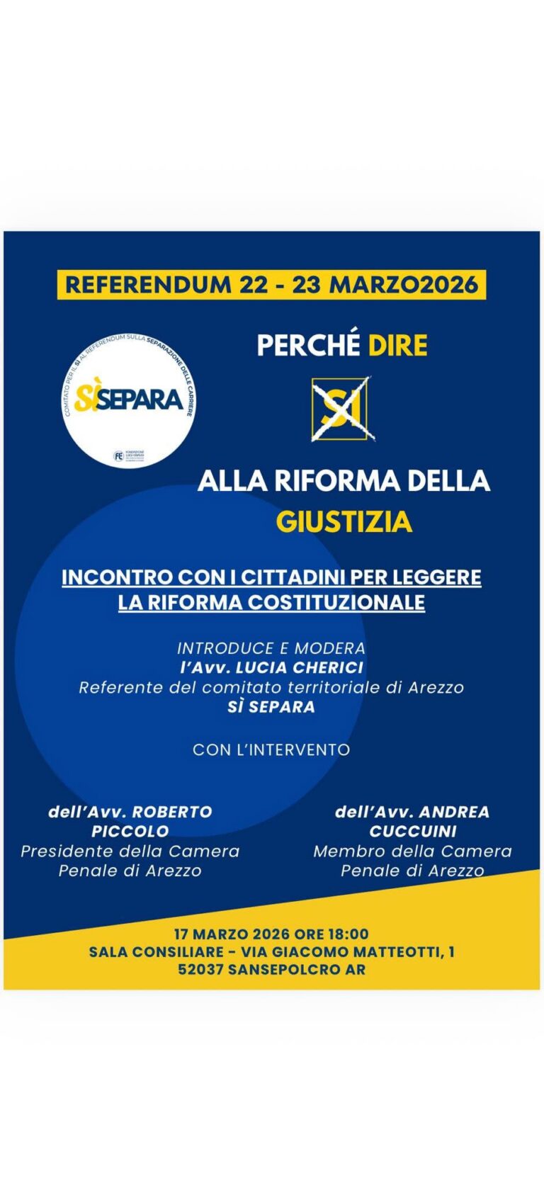 Referendum sulla giustizia, incontro pubblico a Sansepolcro per spiegare la riforma costituzionale