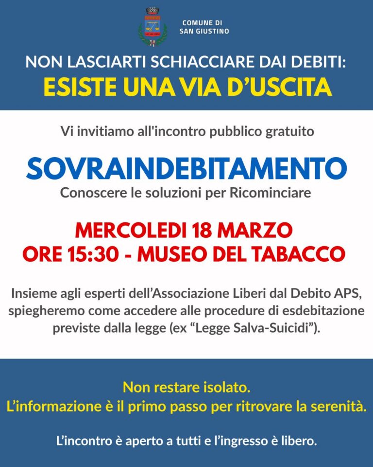 San Giustino: incontro pubblico del Comune sul sovraindebitamento al Museo del Tabacco