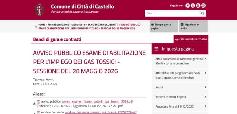 Gas tossici, esame di abilitazione: domande entro l’8 maggio a Città di Castello