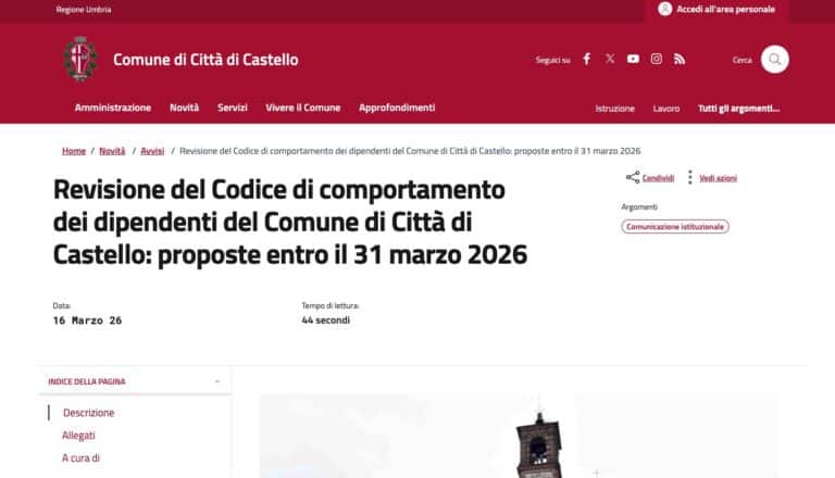 Città di Castello, revisione del codice di comportamento: contributi entro il 31 marzo