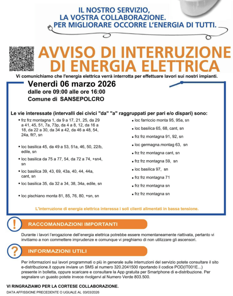Sansepolcro, interruzione dell’energia elettrica venerdì 6 marzo per lavori sugli impianti. Tutte le zone interessate