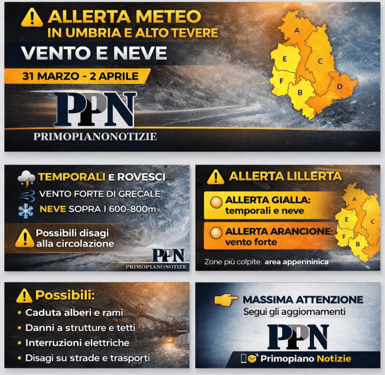 Allerta meteo in Umbria e Alto Tevere: vento forte, temporali e neve fino al 2 aprile