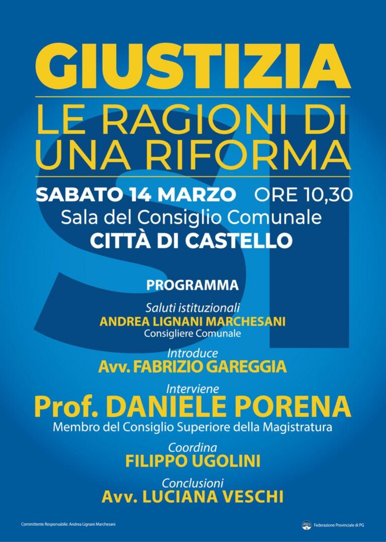 “Giustizia, le ragioni di una riforma”: il membro del CSM Daniele Porena a Città di Castello