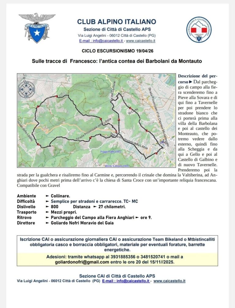 Cicloescursionismo “Sulle tracce di Francesco”: escursione CAI tra storia e natura il 19 aprile