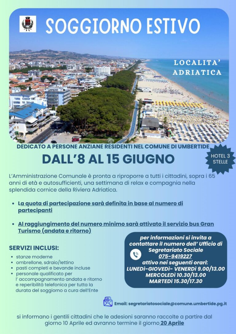 Umbertide, torna il soggiorno estivo per over 65: una settimana al mare tra relax e socialità