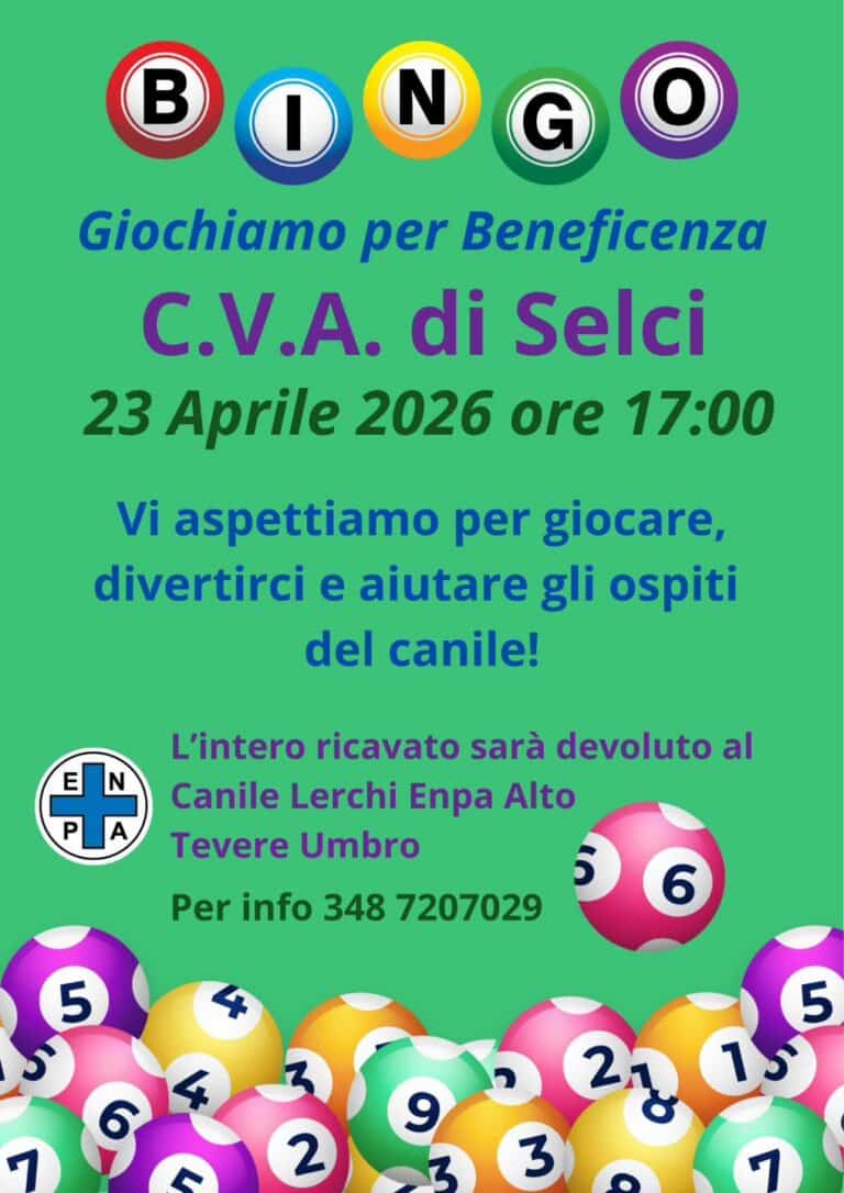 Selci, bingo solidale al CVA: giovedì 23 aprile alle ore 17 un pomeriggio di gioco per aiutare il canile di Lerchi