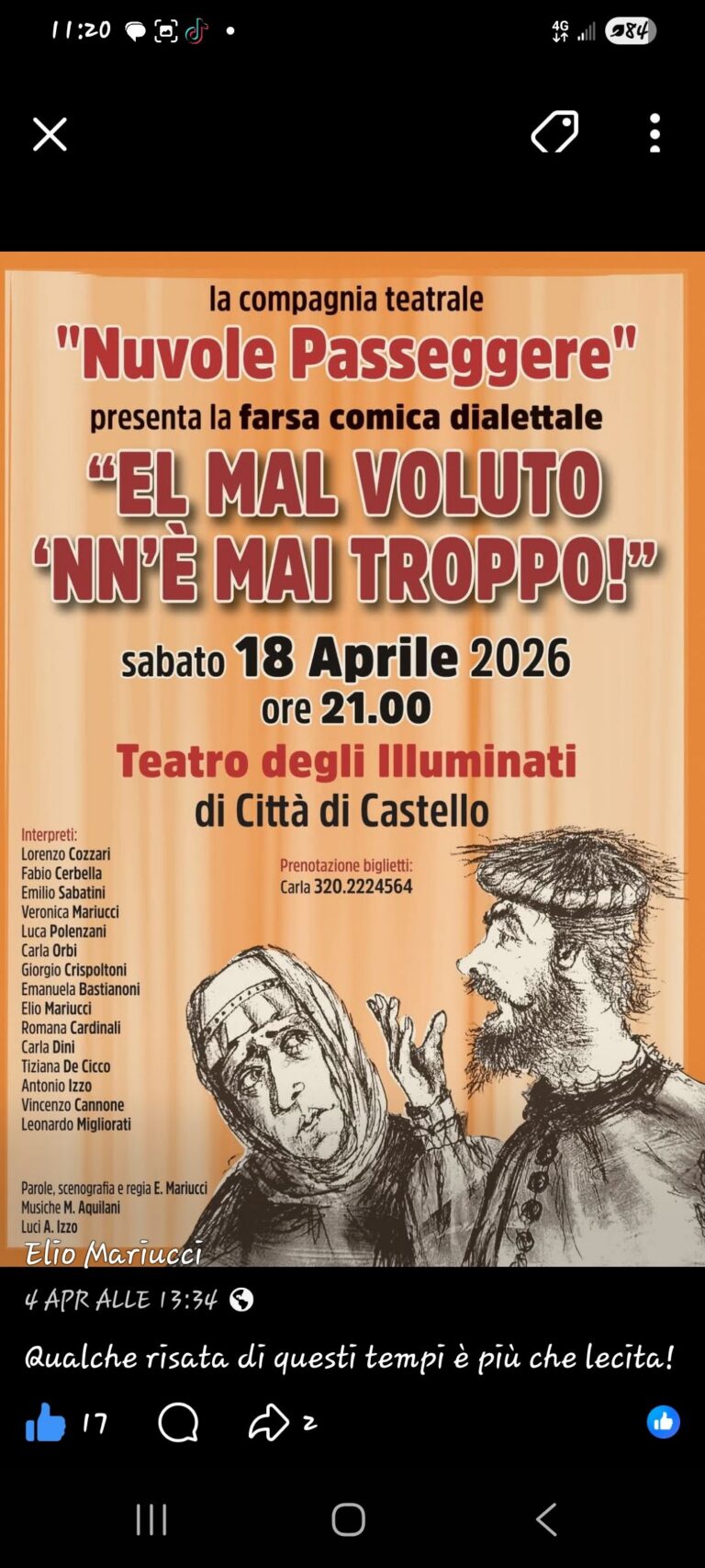 Città di Castello, al Teatro degli Illuminati la farsa dialettale “El mal voluto nn’è mai troppo!”