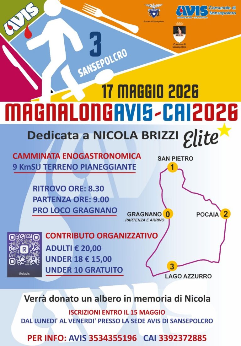 Sansepolcro, torna la Magnalonga AVIS-CAI edizione 2026 dedica a Nicola Brizzi: camminata tra gusto e solidarietà