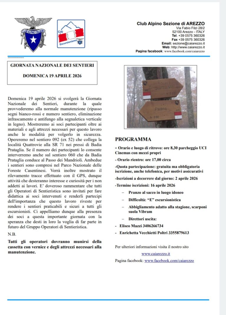 Domenica la Giornata dei Sentieri con il CAI Sezione di Arezzo e volontari al lavoro nella foresta di Badia Prataglia