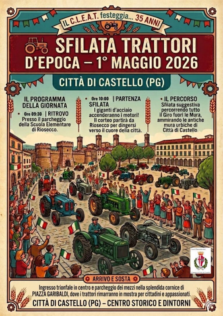 Città di Castello, trattori d’epoca in sfilata per il 1° maggio: festa per i 35 anni del C.L.E.A.T.