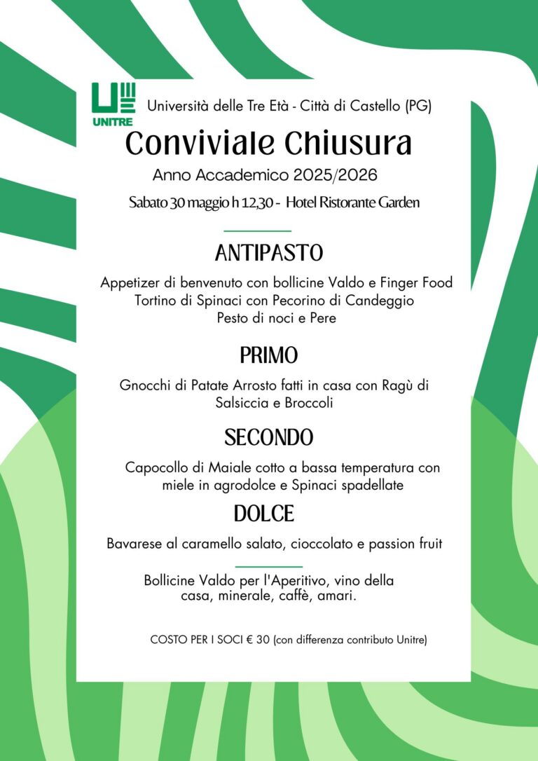 UNITRE Città di Castello, festa di fine anno accademico: appuntamento al Garden per il saluto finale