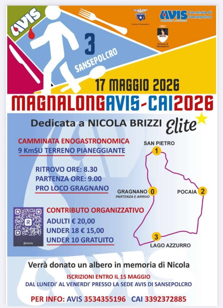 Sansepolcro, torna la “Magnalonga Avis-CAI”: camminata tra natura, gusto e solidarietà dedicata a Nicola Brizzi