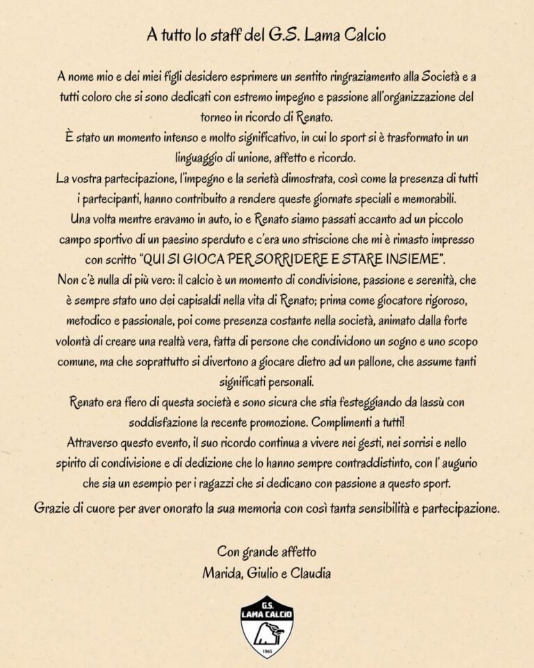 Una lettera dal cuore per ricordare Renato: il grazie della famiglia al G.S. Lama Calcio