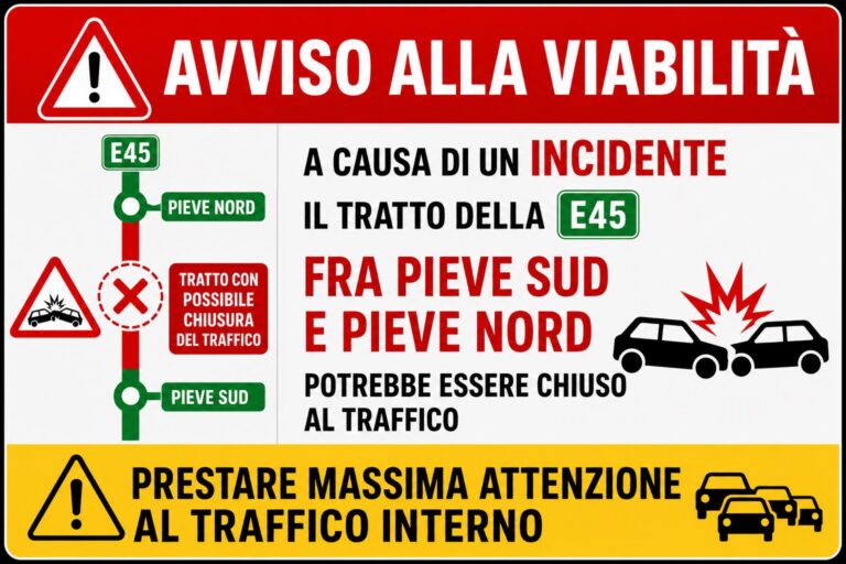 Incidente sulla E45: traffico deviato nel centro abitato di Pieve Santo Stefano