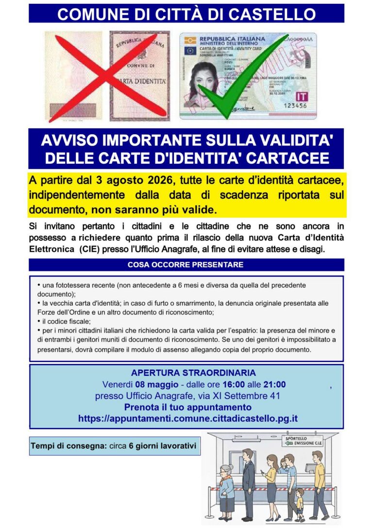 Citta’ di Castello Stop alla carta d’identità cartacea dal 3 agosto 2026: venerdì 8 maggio apertura straordinaria dell’Anagrafe fino alle 21