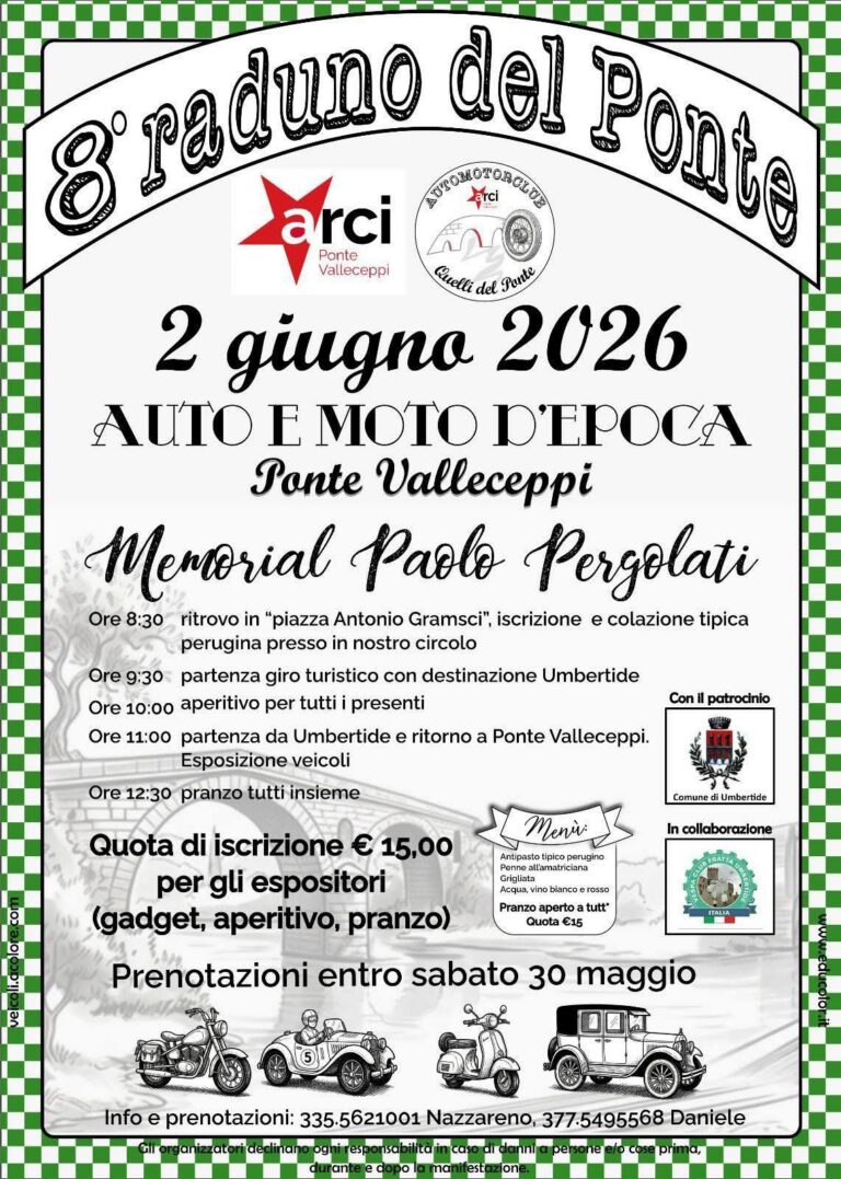 Auto e moto d’epoca, torna il “Raduno del Ponte”: a Ponte Valleceppi l’8ª edizione del Memorial Paolo Pergolati