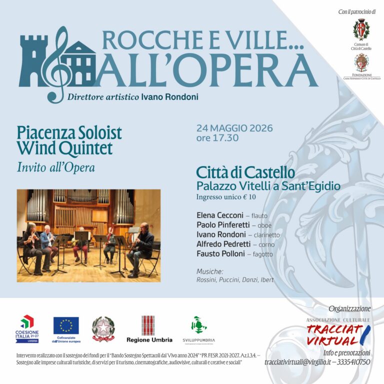 “Rocche e Ville all’Opera” fa tappa a Città di Castello: a Palazzo Vitelli il concerto del Piacenza Solist Wind Quintet