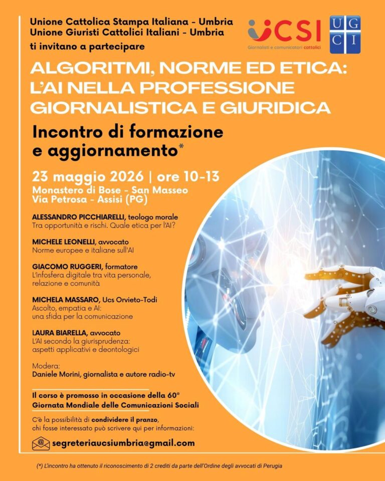 Ad Assisi un confronto su intelligenza artificiale, etica e professioni: focus su giornalismo e diritto