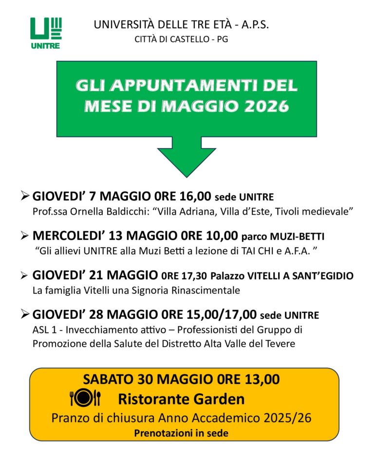 UNITRE, a maggio incontri tra cultura e benessere: gran finale con il pranzo al Garden