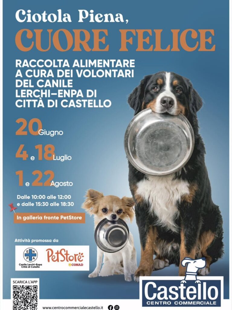 Ciotola piena, cuore felice: torna la raccolta alimentare per gli ospiti del Canile di Lerchi al Centro Commerciale Castello di Città di Castello