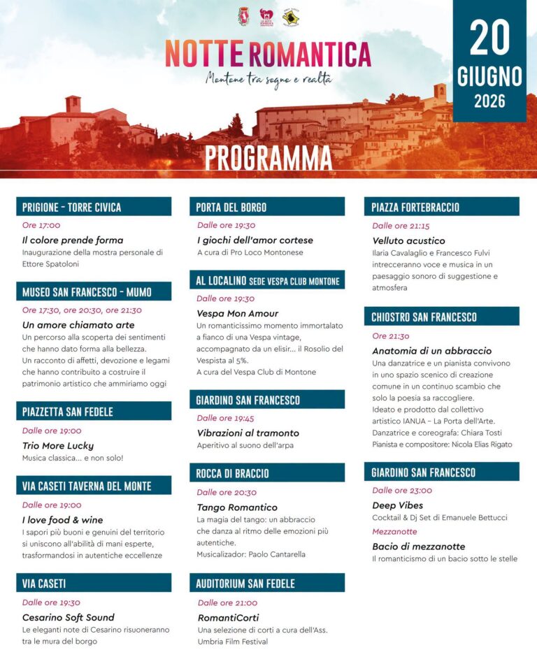 Montone si prepara alla Notte Romantica: dieci appuntamenti tra arte, musica, sapori e spettacolo