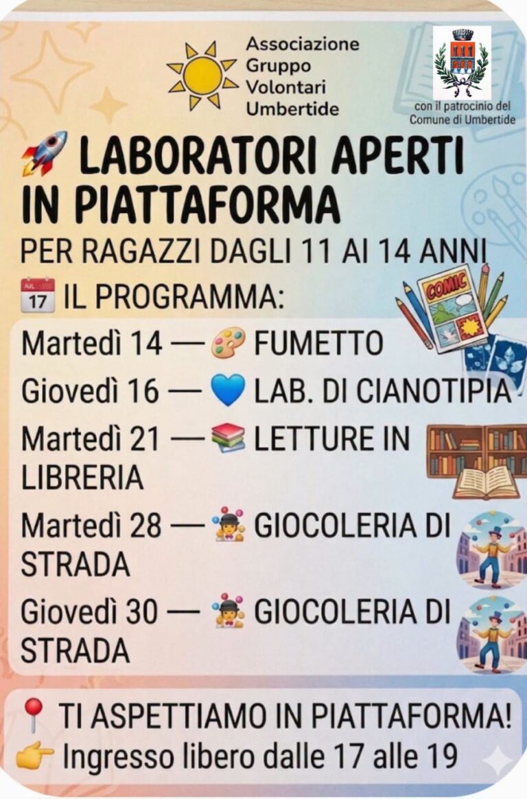 Umbertide, laboratori estivi in Piattaforma per ragazzi dagli 11 ai 14 anni