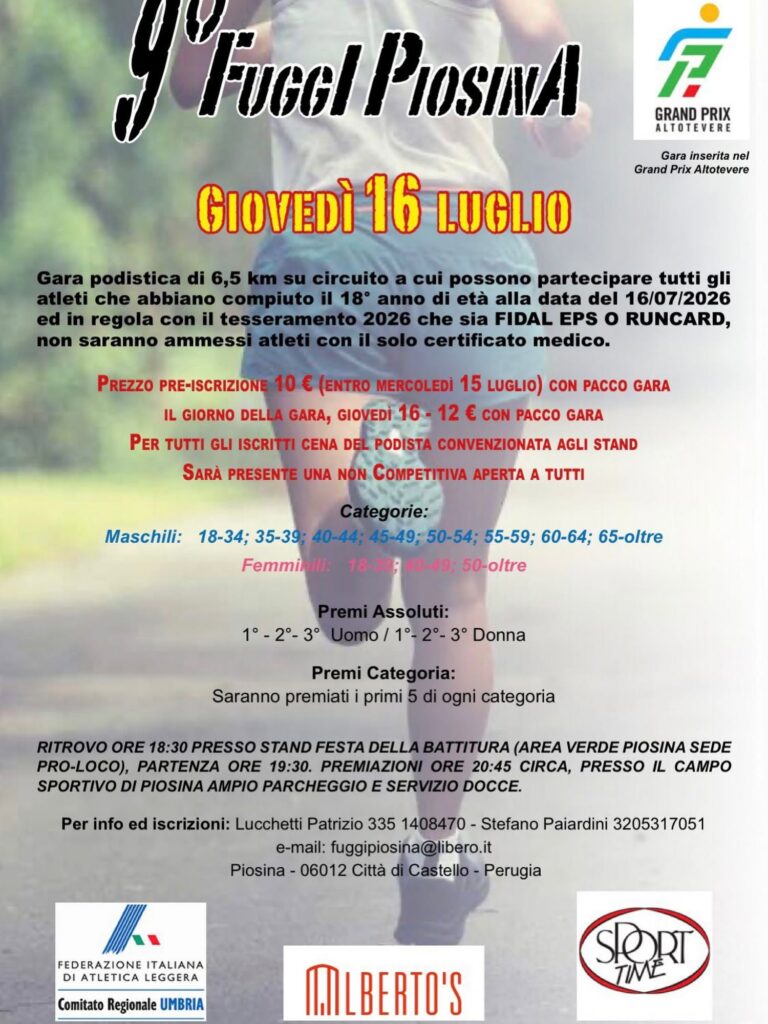 Torna la “Fuggi Piosina”: il 16 luglio la nona edizione della corsa tra sport e festa
