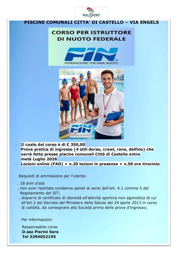 Piscine Comunali Polisport Città di Castello: primo corso FIN per istruttori di nuoto da luglio 2026