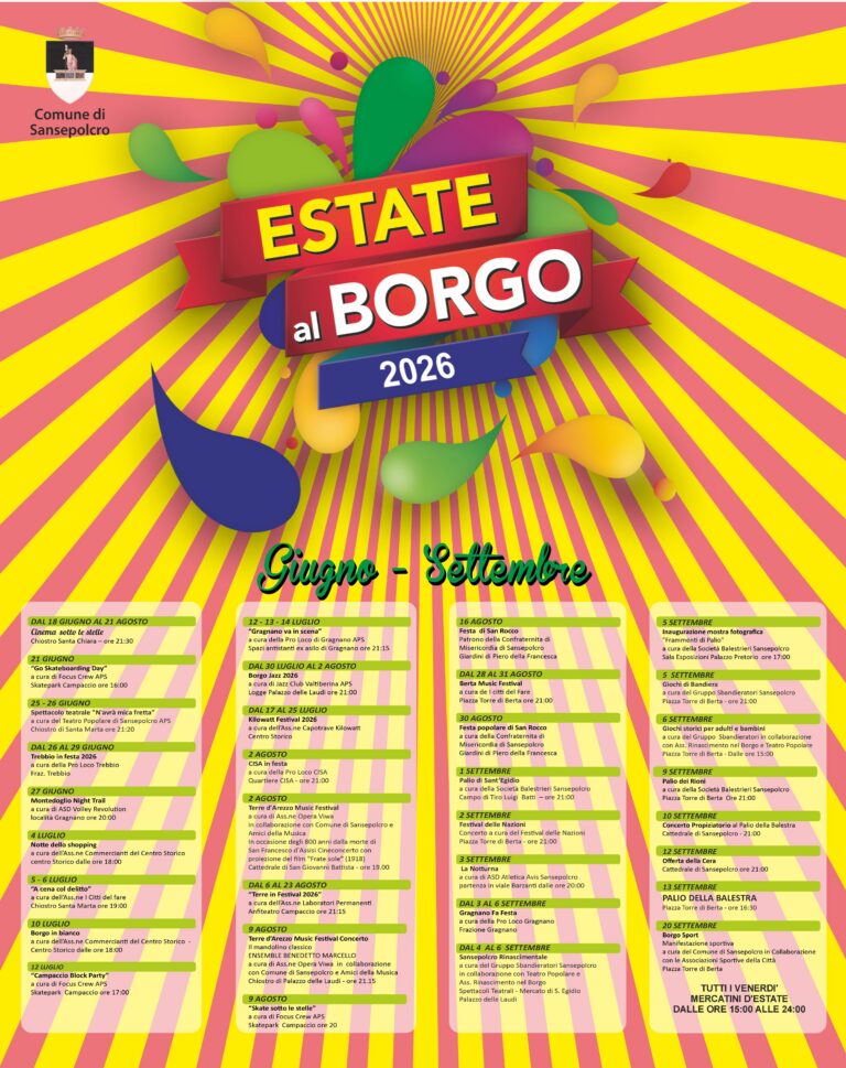 Estate al Borgo 2026: Sansepolcro accende l’estate con festival, musica, cultura e tradizioni