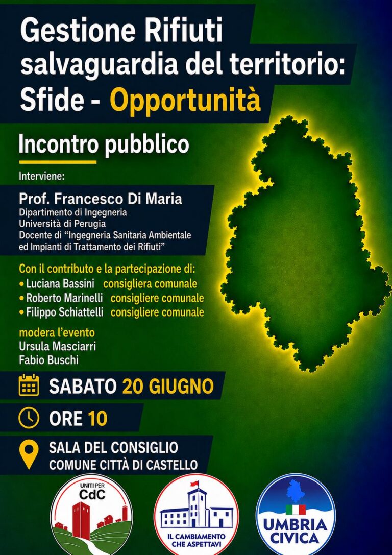 Sabato 20 giugno nella Sala del Consiglio Comunale l’incontro promosso da Umbria Civica Città di Castello, Uniti per CdC e Il Cambiamento che Aspettavi. Interverrà il professor Francesco Di Maria